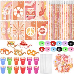 Honoson 122 Pcs Groovy Party Favors Retro Hippie Birthday Gifts Set Supplies Boho Notepad Pencil Stamp Sharpener Glasses Sticker Bags for Kids Classroom Baby Shower Prizes Rewards Supplies