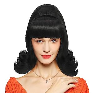 IEBIYO Black Flip Wig Women 60s Wig Short Black Beehive Synthetic Hair for Vintage 50s Halloween Party Costume, Black