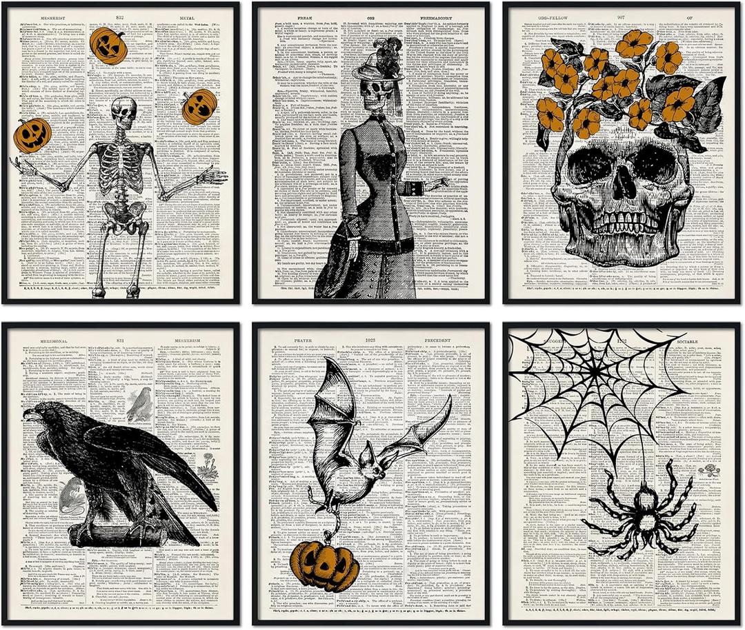 2 x Whaline 6Pcs Halloween Canvas Wall Art Prints Vintage Newspaper Style Skeleton Bat Art Poster Spooky Gothic Wall Decor for Gallery Living Room Bedroom (UNFRAMED 8 x 10in)
