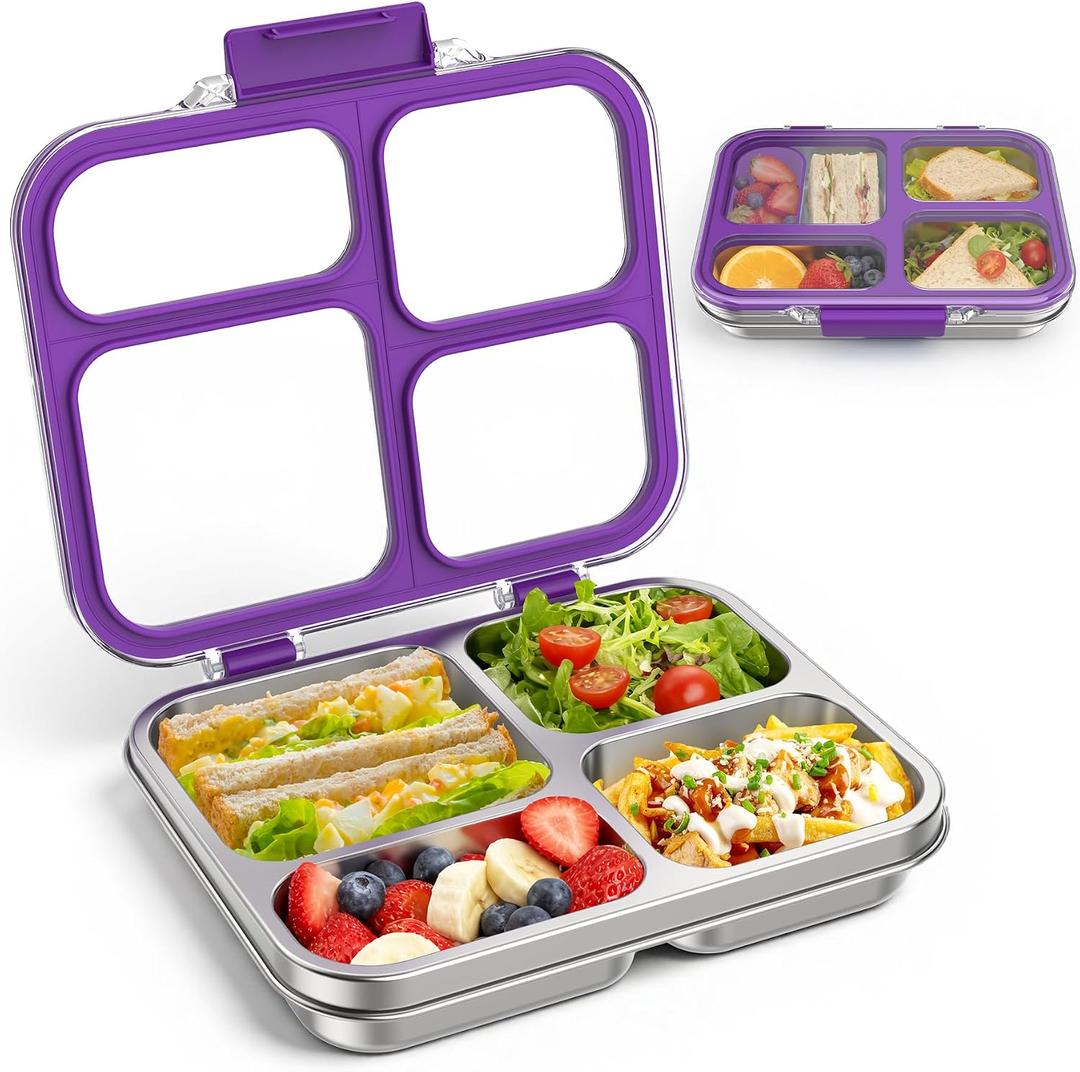 Stainless Steel Bento Box for Kids Adults with Silicone Container, Leak Proof 4 Compartments Metal Lunch Box, Removable Silicone Seal & Clear Lid Food Container for School Office, BPA-Free(Purple)