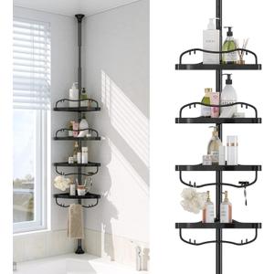 Corner Shower Caddy Tension Pole - Heavy Duty Floor to Ceiling Shower Organizer Tension Pole with 4 Shelves,54"-114 Adjustable Rustproof Stand Rack for Bathtub,Bathroom,Dorm,RV - Black