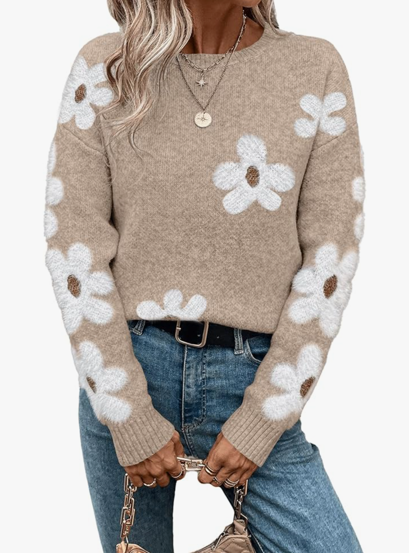 SHENHE Women's Floral Pattern Crewneck Long Sleeve Drop Shoulder Sweaters Pullover Tops, M