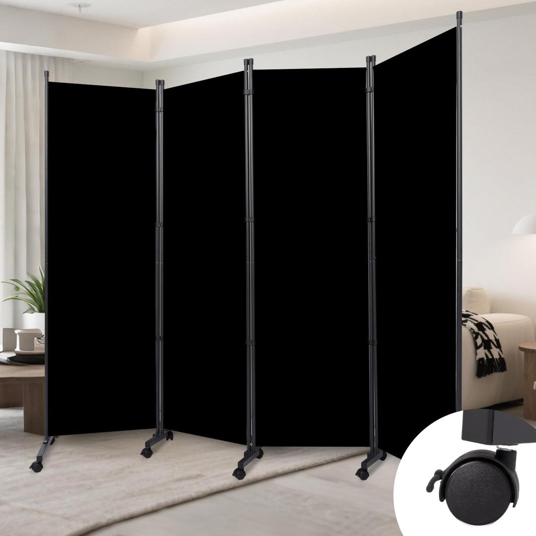 Room Divider (4 Panel) Wall Divider for Room Separation, 88 inch Wide Portable Privacy Screens W/Wheels, Metal Frame Freestanding Room Separators 5.6FT Room Partitions and Dividers (Black)