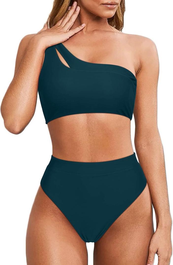 MOOSLOVER Women Cutout One Shoulder High Waisted Bikini High Cut Two Piece Swimsuits (Large, Peacock Blue)