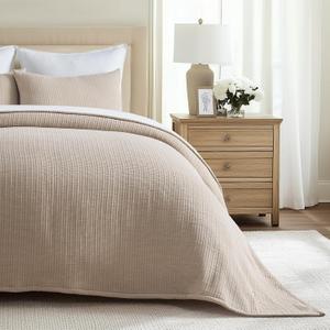 EVERGRACEHOME Cotton Gauze Full Queen Bedspread, Ultra Soft Prewashed Pick Stitch Matelass Coverlet, Lightweight Textured Oversized Queen Quilt Bedding Set for All Season, with 2 Shams, Khaki Tan