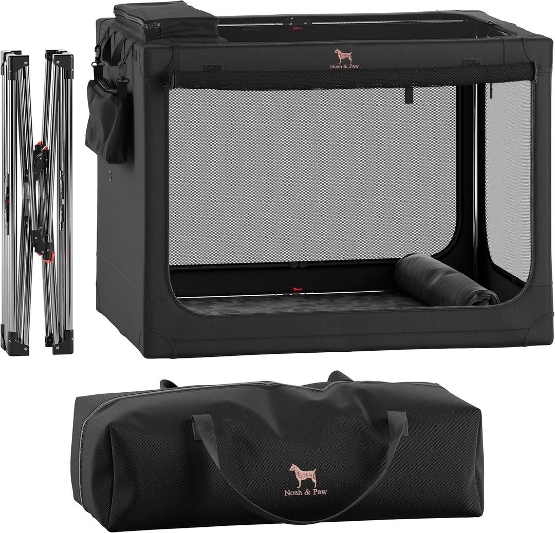 Noah & Paw Collapsible Dog Crate 30 Inches, Large Dog Crate for Large Medium Breeds, Travel Kennel for Car, Including Pet Mat for Pet Cage, 2 Storage Pockets, Handbag, 10mm Locking Zipper 30*21*21 (Black)