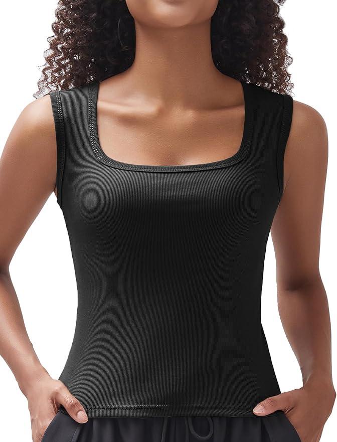 Women's Square Neck Ribbed Tank Tops Sleeveless Shirts Casual Basic Tanks Slim Fitted Workout Tops Black M