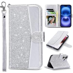 ULAK Compatible with iPhone 16 Wallet Case [RFID Blocking], Women PU Leather Shockproof Protective Folio Flip Cover with Card Holder Kickstand for iPhone16 6.1 inch, Silver Glitter