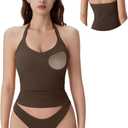 SUUKSESS Halter Tank Top for Women with Built in Bra Cotton Ribbed V Neck Cami (Brown, M)
