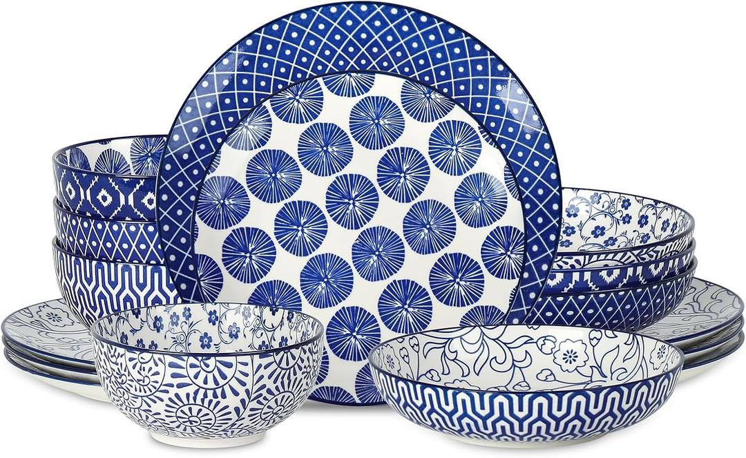 Selamica Ceramic 16-Pieces Dinnerware Set, Ceramic Dishes Set for 4, Kitchen Plates and Bowls Sets, Dinner Plates Set for Salad Dessert, Cereal Bowls, Soup Plate Pasta Bowl(Vintage Blue) B