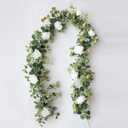Anna's Whimsy 2PCS 5.91FT Artificial Eucalyptus Garland with Flowers, Fake Rose Gypsophila Garland, Faux Floral Greenery Garlands for Wedding Spring Home Party Table Runner Decor  White