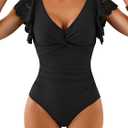Aidonger Women's One Piece Swimsuit Tummy Control Ruffle Bathing Suit Slimming Cutout Twist Swimwear Black L