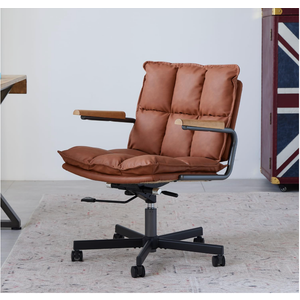 Home Office Desk Chair, Leather Ergonomic Computer Chair with Wheels and Oak Arms, Adjustable Height Rolling Swivel Executive Chair, Rust Brown, 18.1" x 25.6" x 25.2" x 38.2"