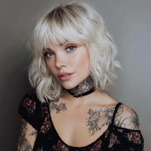 Short Ombre Blonde Bob Wigs for Women Wavy Blonde Wig with Bangs Ash Blond Wig Synthetic Hair Water Wave Medium Length Colorful Wigs14 Inches