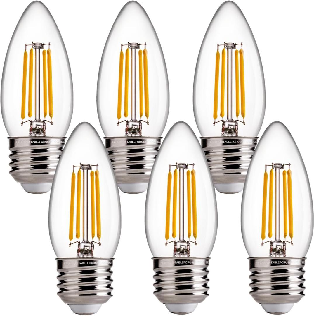 FLSNT Dimmable LED Candelabra Light Bulbs 60W Equivalent E26 Base, B11 LED Chandelier Candle Light Bulbs, 2700K Soft White, 6 Pack UL,CA65 Listed.