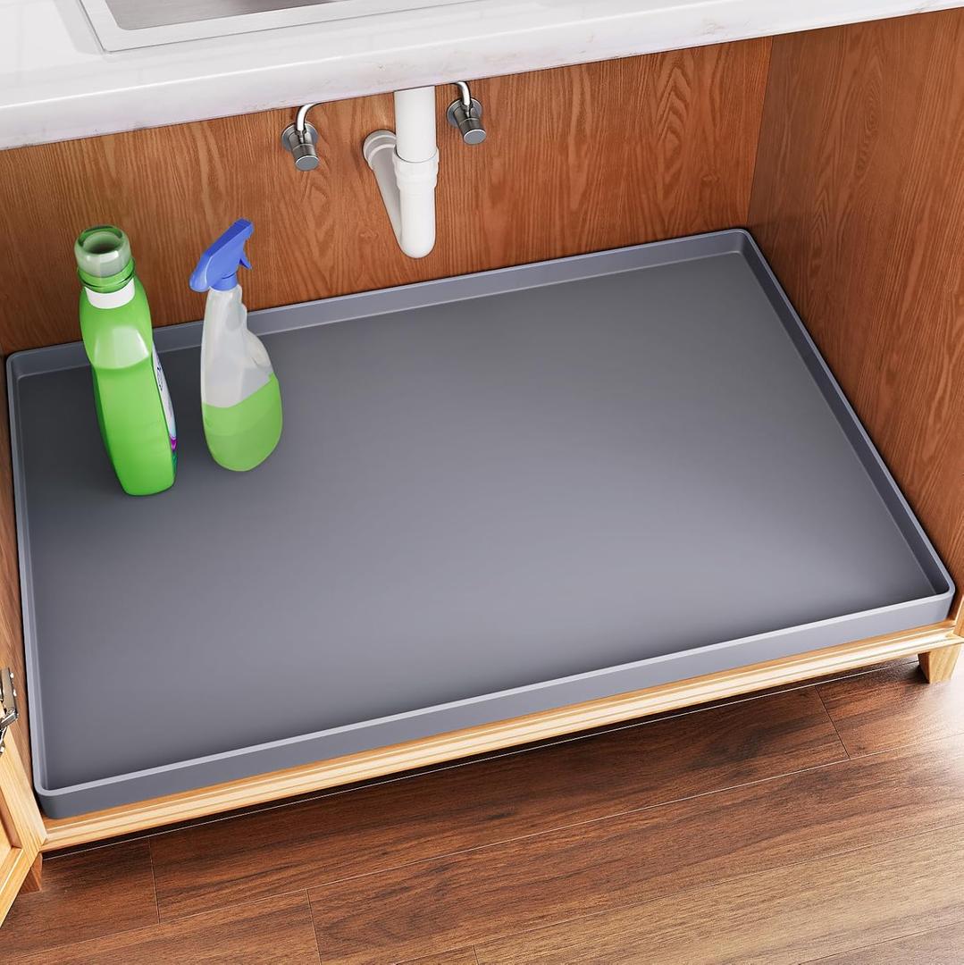 FLATO Waterproof Under Sink Mat 34" x 22" Shelf Liner for Kitchen and Bathroom, Cabinet Protector, Organizers and Storage, Flexible Silicone Drip Tray (Dark Gray)