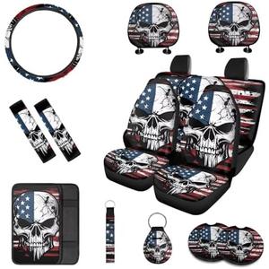 Rucaresri 13 Pcs American Flag Skull Car Seat Covers Full Set with Auto Steering Wheel Cover Armrest Cushion Protector Seat Belt Covers, Automotive Interior Sets Unverisal Fit Cars SUV Turcks