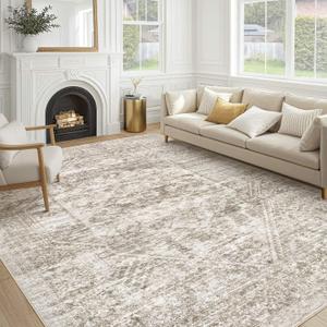 Vintage Living Room Area Rug 9x12 - Large Soft Washable Oriental Traditional Distressed Farmhouse Rugs for Bedroom - Indoor Floor Accent Carpet for Home Office House Decor - Distressed Light Brown