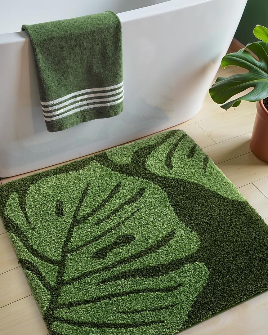 DEXI Square Bathroom Rug 31x31, Green Leaf Monstera Bath Mat, Non Slip Washable Bath Rugs, Soft Microfiber Absorbent Deliciosa Embossed Plant Bathmat for Shower Floor, Sink