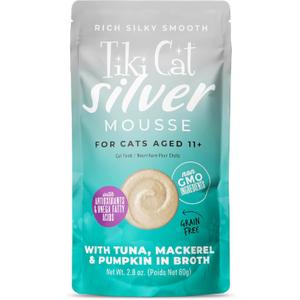 Tiki Cat Silver Mousse Wet Cat Food, Tuna, Mackerel & Pumpkin in Broth, 2.8 oz. Pouch (12 Count) BBD: 07/14/27