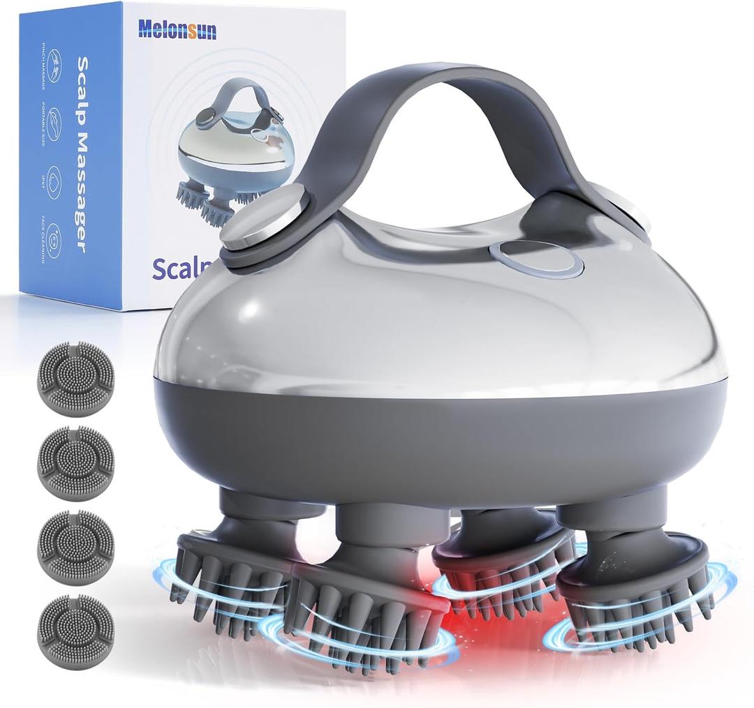 Portable Electric Scalp Massager - Rechargeable IPX7 Waterproof Heated Scalp Massager w/ 100 Kneading Nodes, 3 Speed Modes, 2 Massage Styles, 8 Claws for Scalp/Body Massage & Face Cleaning (Silver