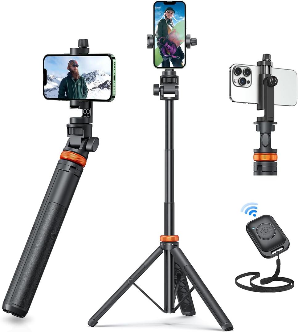 EUCOS 62" Phone Tripod, Tripod for iPhone & Selfie Stick with Remote, Extendable Cell Phone Stand & Ultimate Phone Holder, Solidest Phone Stand Compatible with iPhone/Android (Inferno Mix Carbon Black)