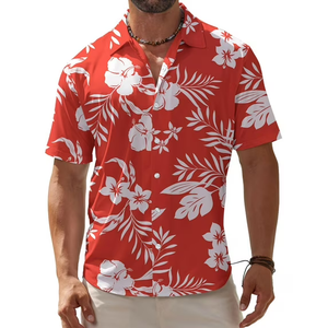 Hawaiian Wrinkle Free Short Sleeve Button Down Tropical Floral Beach Vacation Shirt, Red, XL