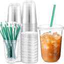 Baderke 50 Sets Clear Plastic Cups with Lids and Straws Disposable Plastic Iced Coffee Cups for Cold Beverage Juice Smoothie Coffee and Party Catering (16 oz)