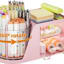 Marbrasse Desk Organizer with 2 Drawer, 360Rotating Pen Holder, Desk Organizers and Accessories with 6 Slots Pencil Organizer + 2 Drawer, Art Supply Storage Box Caddy for Office (Pink)