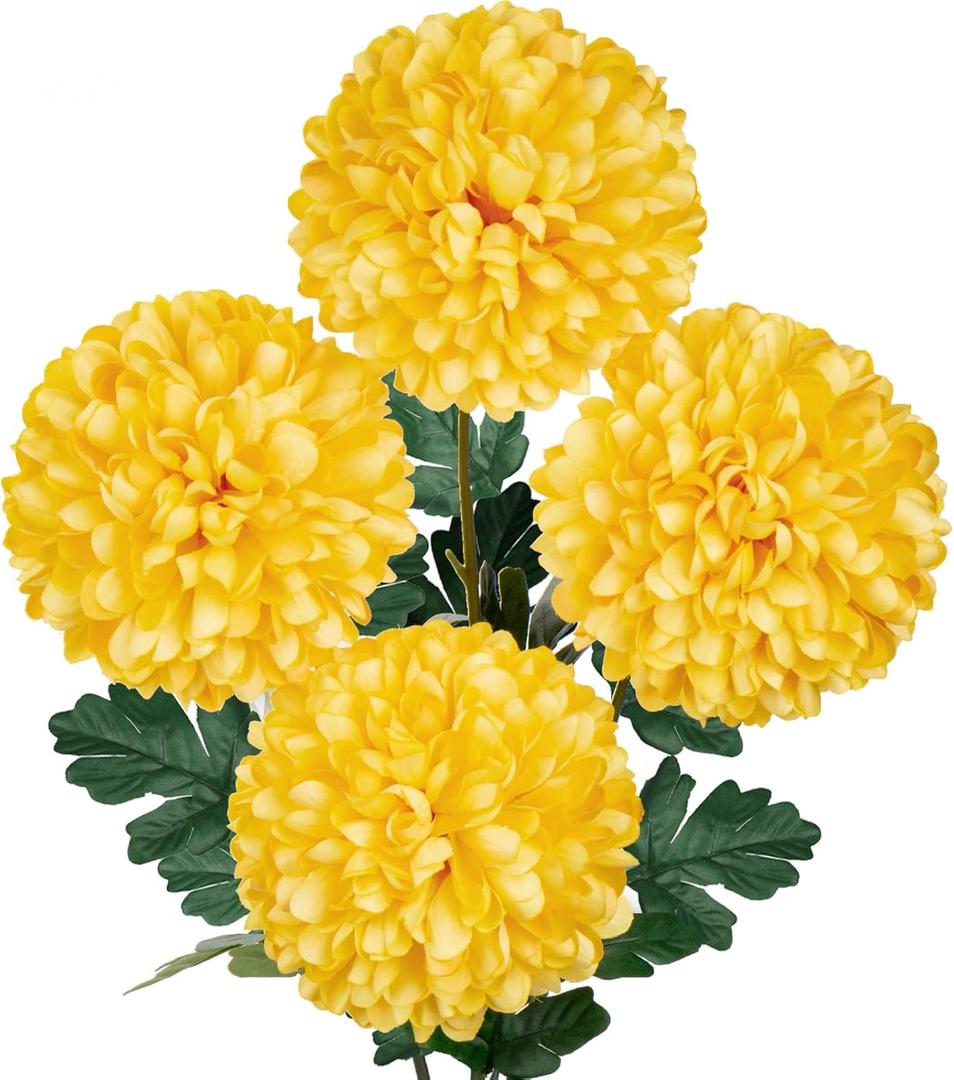 Briful Artificial Chrysanthemums Ball Flowers 6 Large Heads Mums Stems Autumn Yellow Fake Hydrangea Flowers Bouquet for Home Garden Party Wedding Decoration, Set of 4