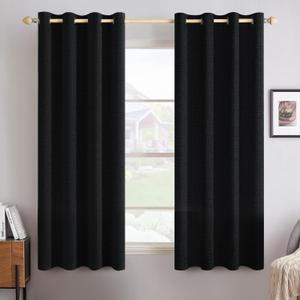 MIULEE Linen Texture Curtains for Bedroom Solid 100% Blackout Thermal Insulated Halloween Black Curtains Grommet Room Darkening Drapes for Living Room Nursery 52x45 Inch (2 Panels)