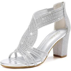 Gufobela Women's Rhinestone Sparkly Chunky Block Heel Sandals Open Toe Dressy Shoes with Zipper Closure for Wedding Prom Homecoming Hoco Formal Events SIZE 8,5