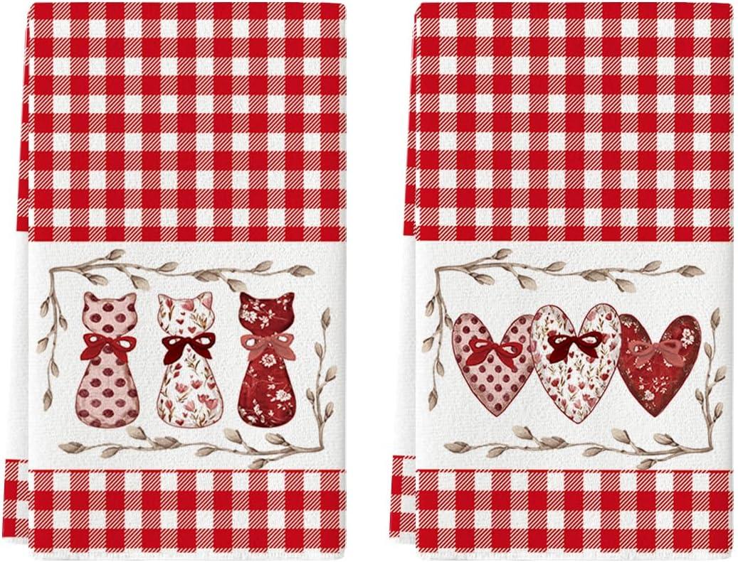 Artoid Mode Red Buffalo Plaid Love Heart Cat Valentine's Kitchen Towels Dish Towels, 18x26 Inch Anniversary Wedding Decoration Cleaning Set of 2