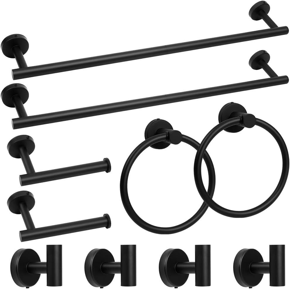 Matte Black Bathroom Towel Bar Set, 10-Piece Stainless Steel Hardware Bathroom Accessories, 24" Towel Racks for Bathroom Walls