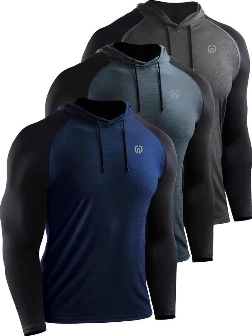 NELEUS Men's Dry Fit Athletic Shirt Workout Running Long Sleeve Shirts with Hoods (X-Large, 5102 Dark Grey/Slate Grey/Navy Blue,3 Pack)