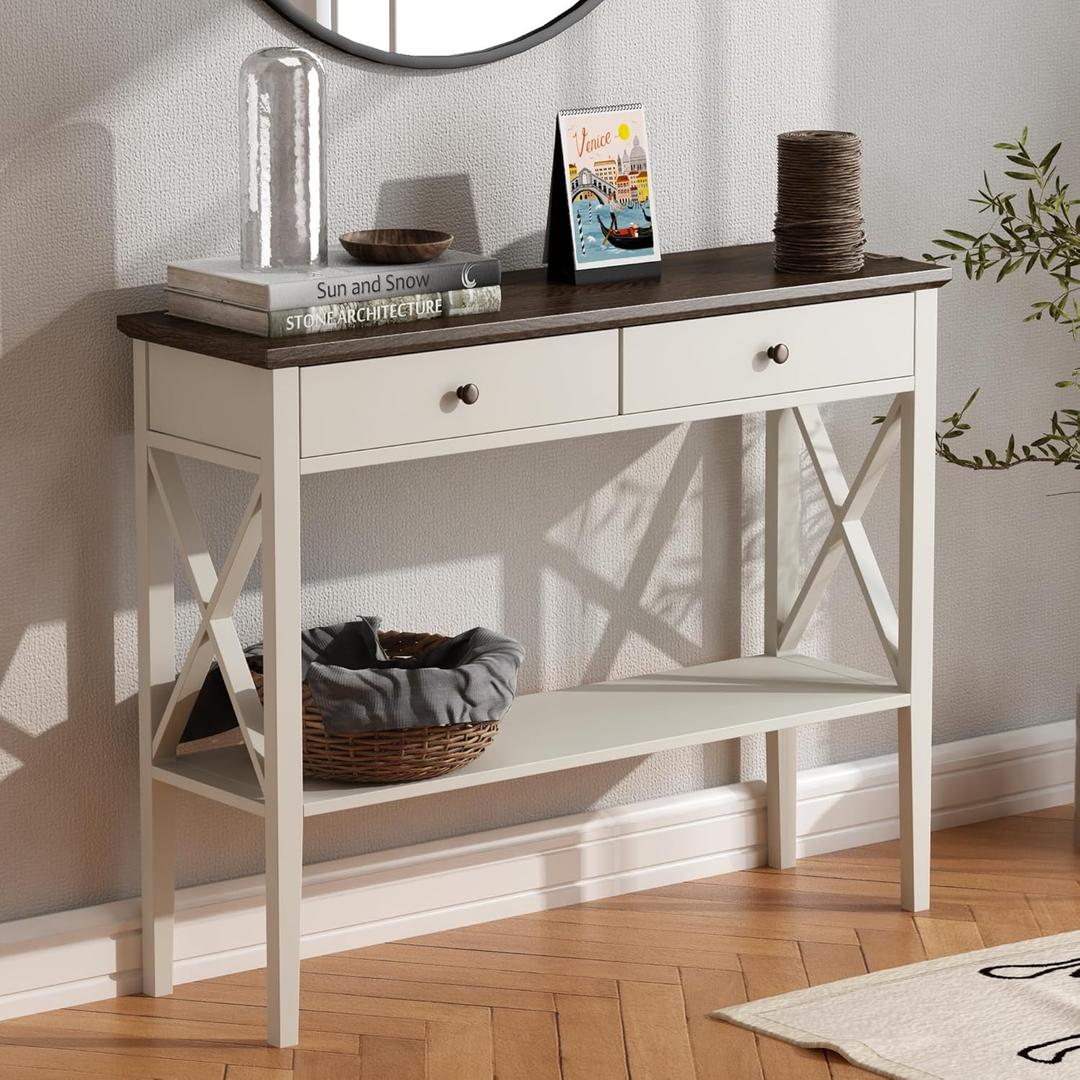 ChooChoo Farmhouse Console Table with Drawers, Narrow Wood Accent Sofa Table Entryway Table with Storage Shelf for Entryway, Front Hall, Hallway, Living Room, Antique White & Brown (11.8"D x 39.4"W x 31.5"H)