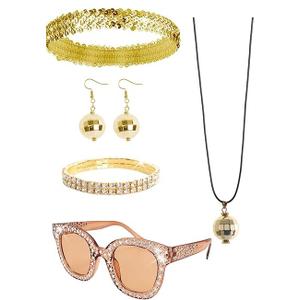4pcs 70s Disco Costume Accessories for Women Halloween Party Cosplay Sunglasses Silver and gold disco earrings