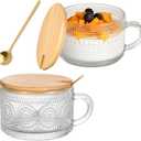 Vintage Glass Coffee Mugs 2Pcs 14oz Overnight Oats Containers with Bamboo Lids and spoon, Glass Tea Cups, Coffee Bar Accessories, Ideal Birthday, Holiday Gifts for Women