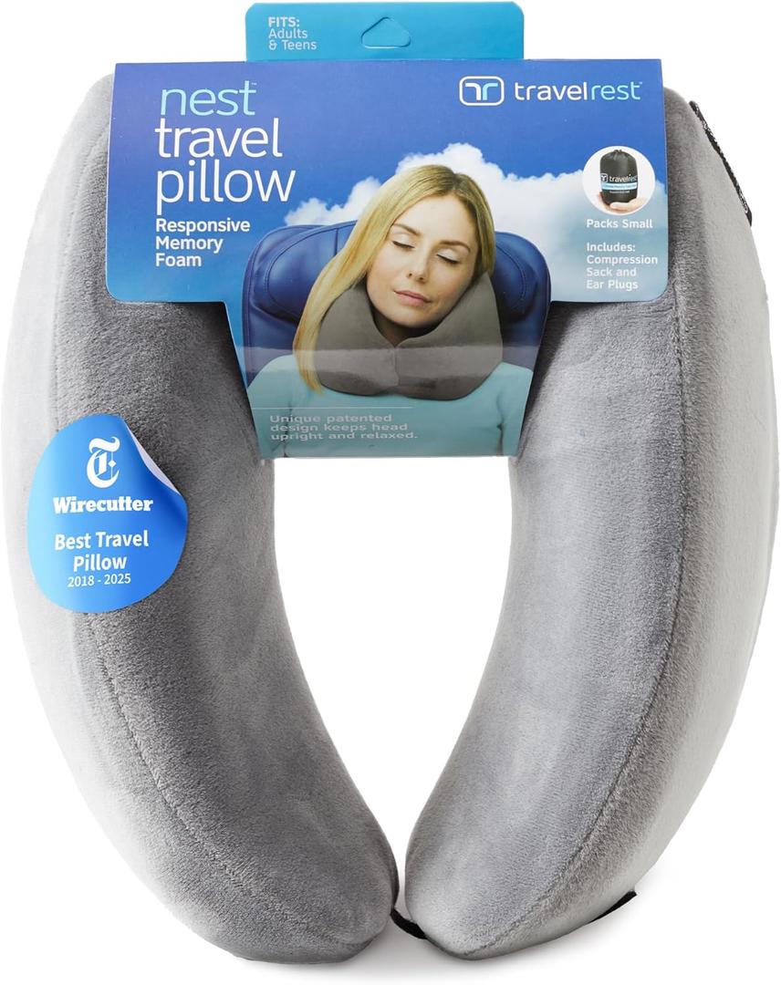 TRAVELREST Nest Neck Support Pillow - Travel Essentials, Memory Foam, Compact Travel Pillow for Long Flights, Plane Sleeping Accessories, Comfortable, Compact, Washable, Attaches to Luggage - Gray  