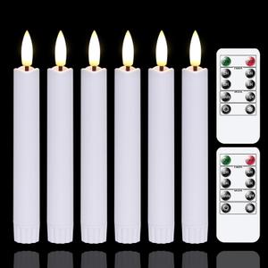 Battery Operated Flameless Taper Candles with Two Remote Timer, 6.4" LED 3D-Wick Window Candles, Flickering Long-Lasting Warm Light Electric Pack of 6 Flameless Candlesticks (0.78" Dia, White)