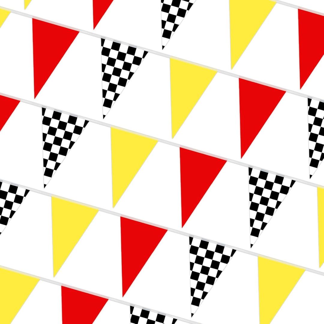 MARFOREVER 100 FT Racing Car Party Decorations Red Yellow Black White Checkered Racing Flag Banner Race Triangle Pennant Bunting for NASCAR Car Theme BirthdayBBQ Bar Party Decorations 17.7 x 11.8 inch
