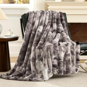 Cozy Bliss Deluxe Striped Rabbit Faux Fur Throw Blanket, Soft Fluffy Warm Plush Blanket for Winter, Modern Homr Decor, Tie-dye Grey 50"x60"