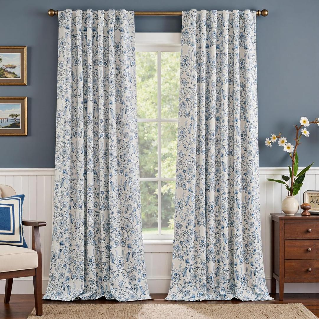 jinchan Floral Blackout Curtains for Bedroom Living Room 96 Inches Length Farmhouse Curtains Room Darkening Vintage Drapes Traditional Rod Pocket Window Treatment 2 Panels Set Blue on Beige, Size: 50"W x 96"L (Pack of 2)