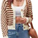 Saodimallsu Womens Checkered Cardigan Sweaters Striped Cropped Button Fall Trendy Open Front Knit Sweater Coats (Large, Light Brown)