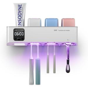 Toothbrush Holders Wall Mounted for Bathrooms, Toothbrush Holder - Smart Home & Bathroom Decor Tooth Brush Holders with 3 Cups, Features a Clock and auto Motion-Activated Night Light