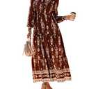BTFBM Women's Fall Wedding Guest Dresses 2025 Casual Floral Long Sleeve V Neck Front Tie Flowy Boho Maxi Dress Pockets(Brown, Large)
