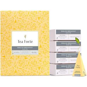Tea Forte English Breakfast Premium Caffeinated Black Tea Blend Event Box, Bulk Pack 40 Count, 10 per tray Individually Wrapped Handcrafted Pyramid Infusers USDA Organic EXP. 10/03/2028