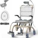 Vocic Reclining Rolling Shower Chair with Wheels for Elderly and Disabled | 300 lbs Capacity | Height Adjustable | Padded Seat, Bucket with Lid | Filp Up Arm | Safety Belt | Reclines for Easy Hair Wash