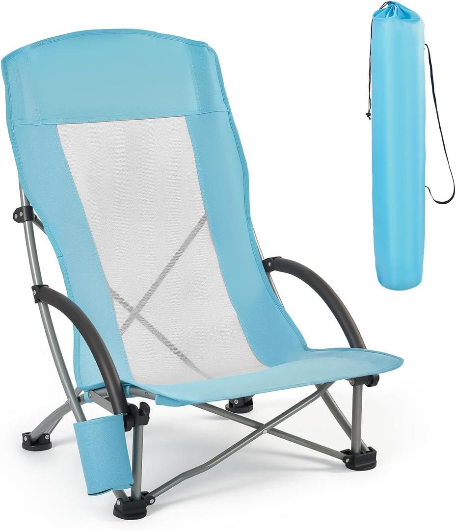 VEVOR Folding Beach Chair, High Back Camping Chairs for Adults, with Cup Pocket, Mesh Back, Carry Bag, Portable Extra Wide Seat Chair 330 lbs Heavy Duty Support, for Outdoor, Camp, Light Blue, 1 Pack
