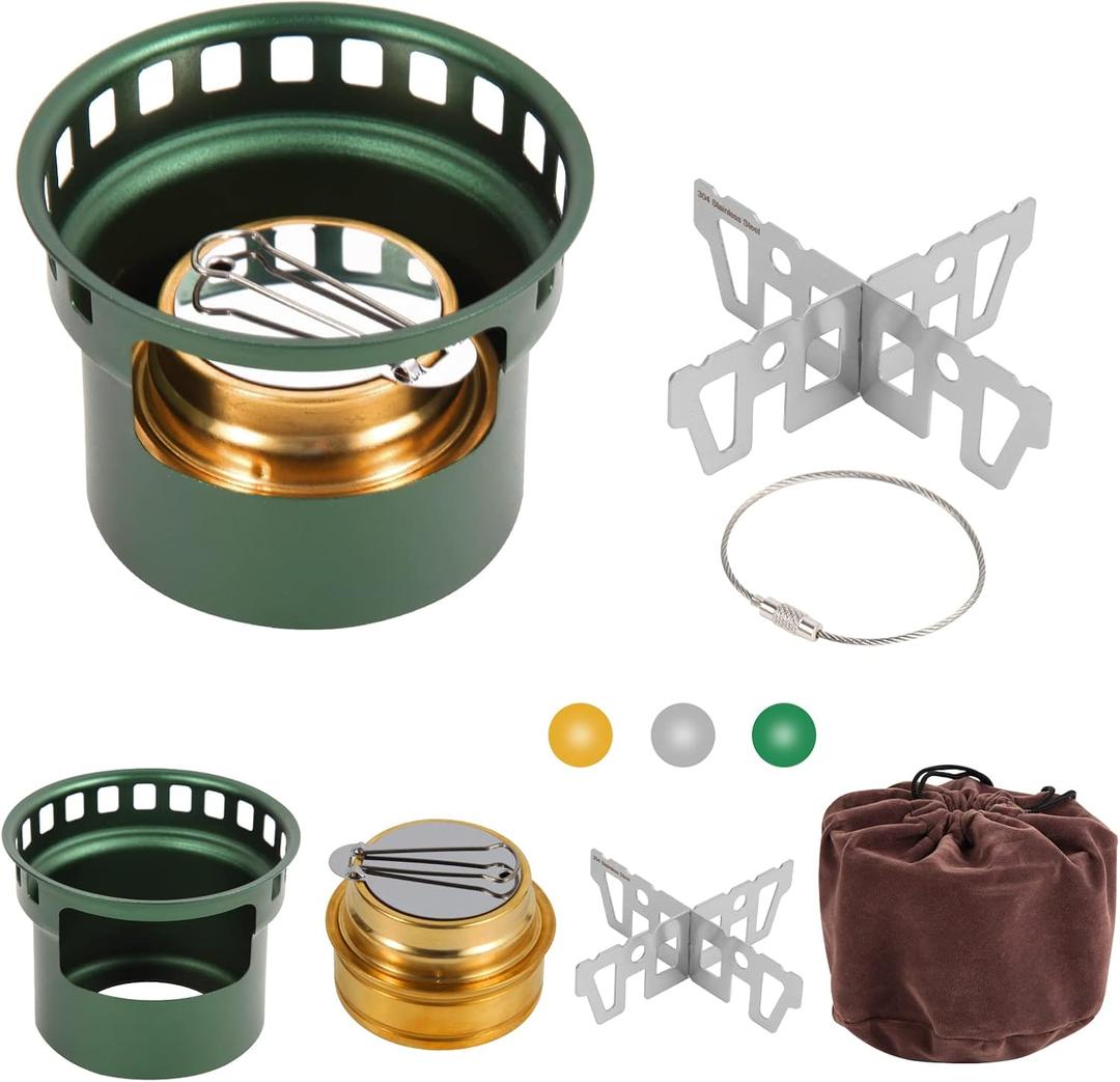 2 In 1 Mini Stove For Camping, Portable Burner With Stainless Steel Cross Stand, Storage Bag, Lightweight Tiny Brass Stove For Backpacking Emergency Outdoor Coffee (Green)